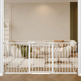 Mornyray extra-wide baby gate on stairs shows secure setup for busy homes.