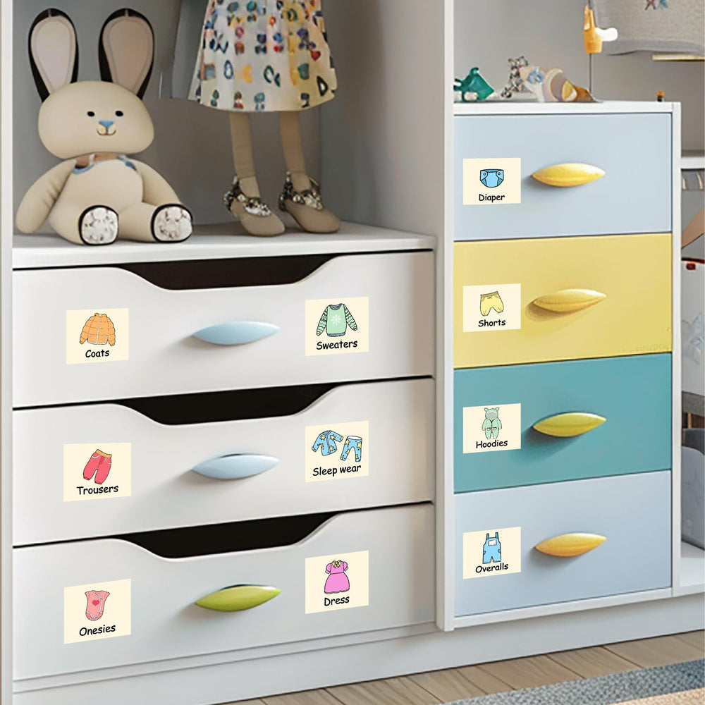 MOSITU baby labels on closet shelf for quick organization and identification