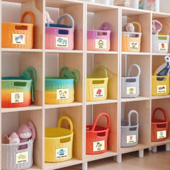 MOSITU baby labels on toy storage bins aiding sorting and retrieval