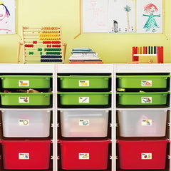 MOSITU label stickers for bins help organize containers in nurseries and daycares.