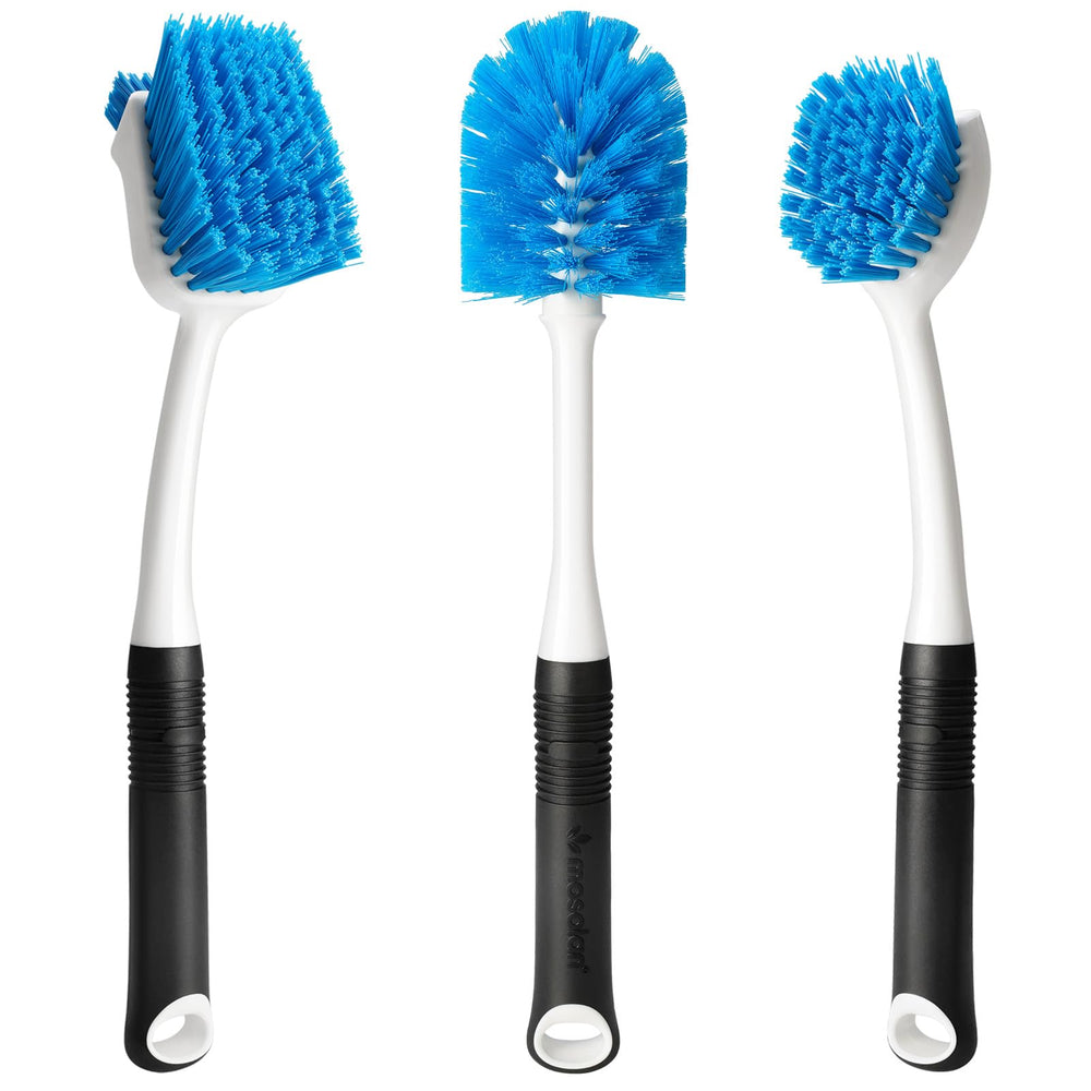 MOSOLAN dish brush set 3-pack for quick dishwashing and bottle cleaning.