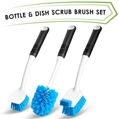 MOSOLAN dish brush with scraper edge removes stuck food safely.