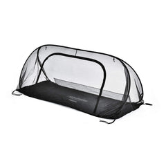 MosquitOasis Wicked Cool net setup with cot, quick pop-up shelter for campers.