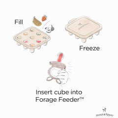 Moss and Fawn silicone ice cube tray in fern, ready to freeze breast milk or purees.