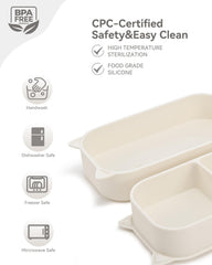 Mossora divided suction plate secures portions, reduces spills during meals.