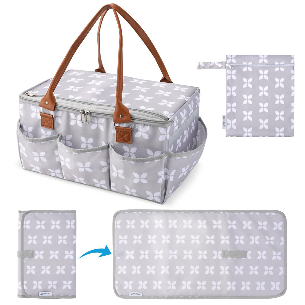Moteph Diaper Caddy Organizer with grey lid for tidy, on-the-go diaper changes.
