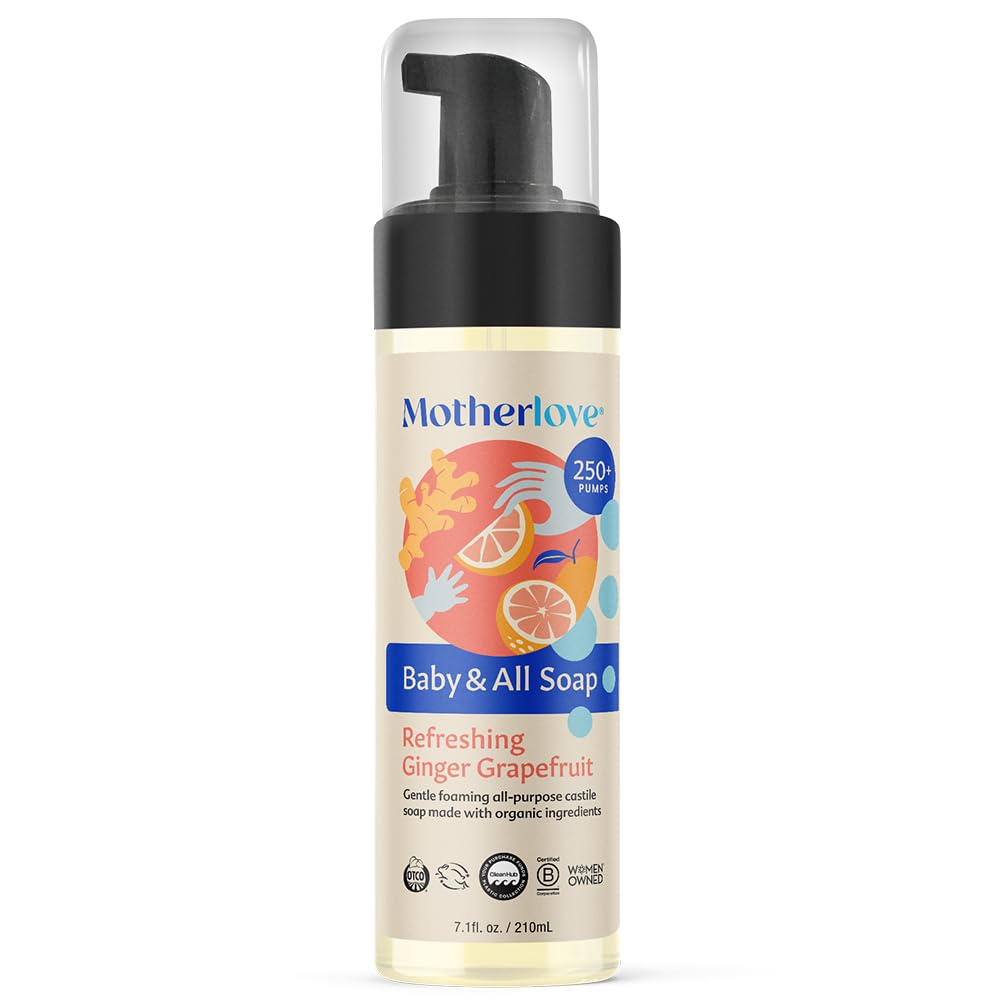 Motherlove Baby & All Soap bottle with refreshing grapefruit-ginger scent for gentle cleansing.