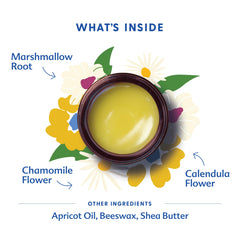 Chamomile and calendula infusion visible in the balm jar for calming baby skin.