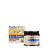 Motherlove Nipple Cream 1oz jar front label shows organic, lanolin-free balm for breastfeeding comfort.