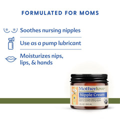 Motherlove Nipple Cream label view highlighting organic ingredients and award-winning quality.