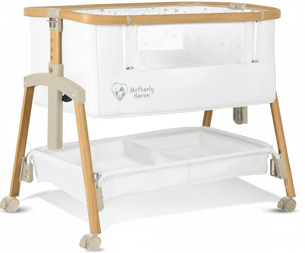 Motherly Haven bassinet bedside sleeper setup for newborns offers close-to-parent comfort.