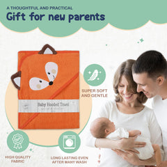 Mother's Choice organic baby hooded towel 3D orange fox design detail enhances bathtime charm