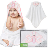 Mother's Choice organic baby hooded towel with butterfly hood dries gently after bath.