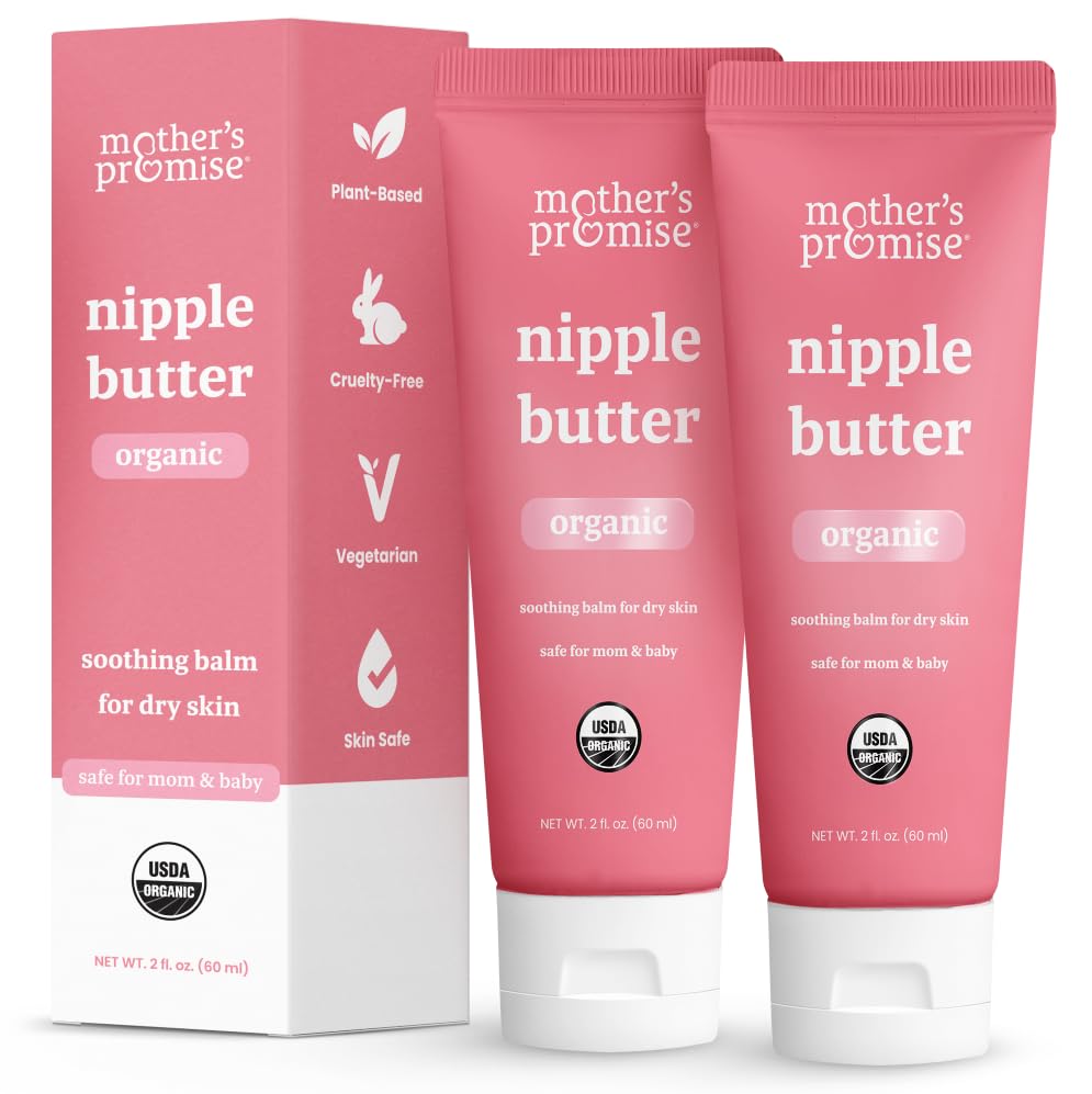 Mother's Promise nipple butter tub demonstrates unscented formula for nursing comfort.