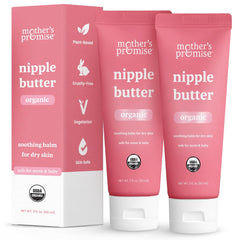 Mother's Promise nipple butter tub demonstrates unscented formula for nursing comfort.
