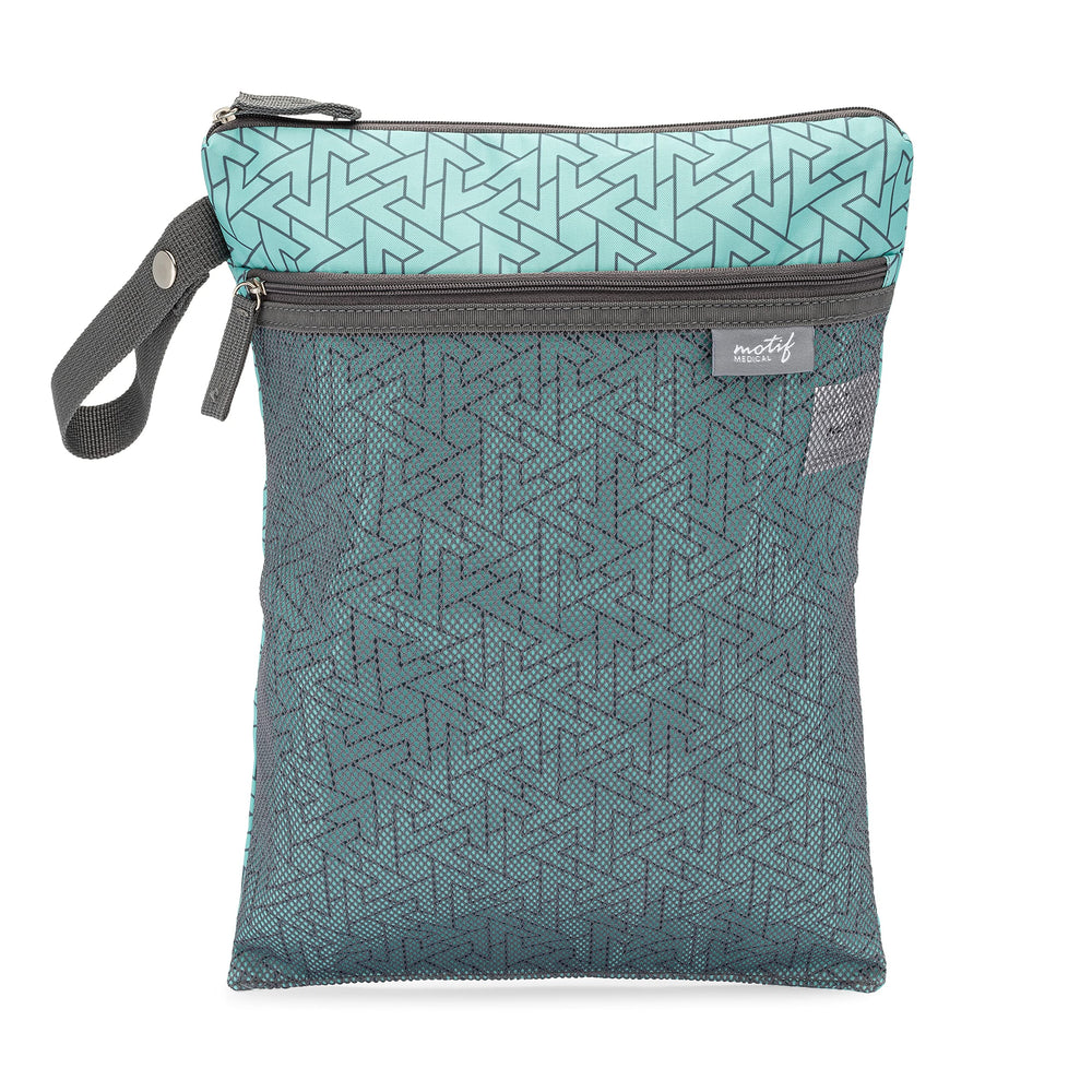 Motif Medical baby wet dry bag aqua dual-compartment keeps wet and dry items organized on the go.