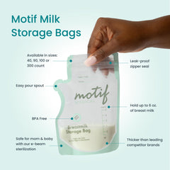 Motif Medical freezer bag with double zipper for leak-proof storage.