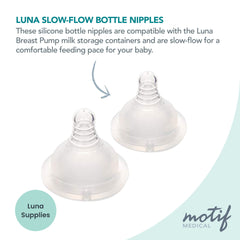 Motif Medical Luna nipple dishwasher-safe feature highlights quick cleanup after feeds.
