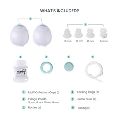 Motif Medical Roam collection cups demonstrate spill-free milk collection.