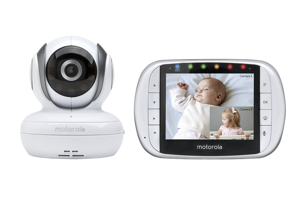 Motorola MBP36S monitor showing 3.5-inch color LCD view for clear baby monitoring