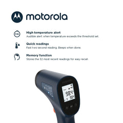 Motorola Nursery TE-94 memory function stores recent readings for trend tracking.
