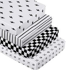 Moukeren black and white crib sheets pattern close-up for newborn visual interest and cozy sleep.