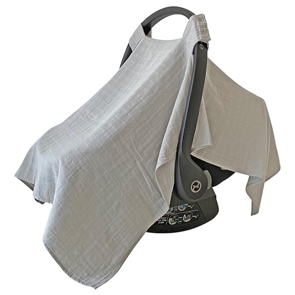 MOZAH baby car seat cover in Belgian Grey with rolled edge for tidy fit.