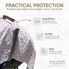 MOZAH care-ready car-seat cover highlights easy low-temperature washing.