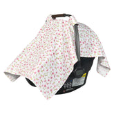 MOZAH baby car-seat cover in pink-floral-leaves offers breathable organic muslin comfort.