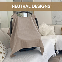 MOZAH car seat cover warm taupe installed demonstrates universal fit with secure stainless snaps.