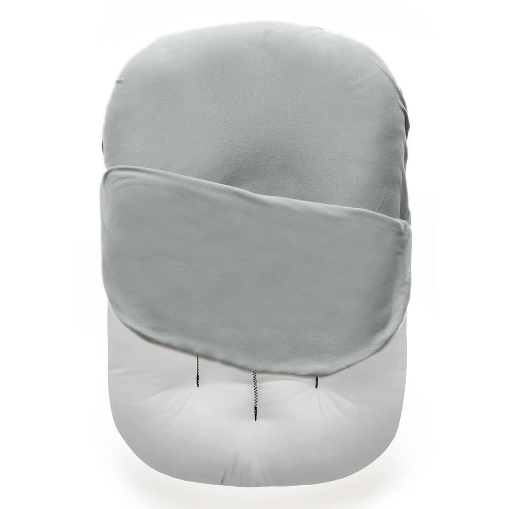 MOZAH Newborn Lounger Cover Belgian Grey demonstrates snug fit on most infant loungers