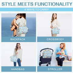 Mozzilog convertible 4-modes diaper bag ready for backpack, tote, stroller, or handbag.