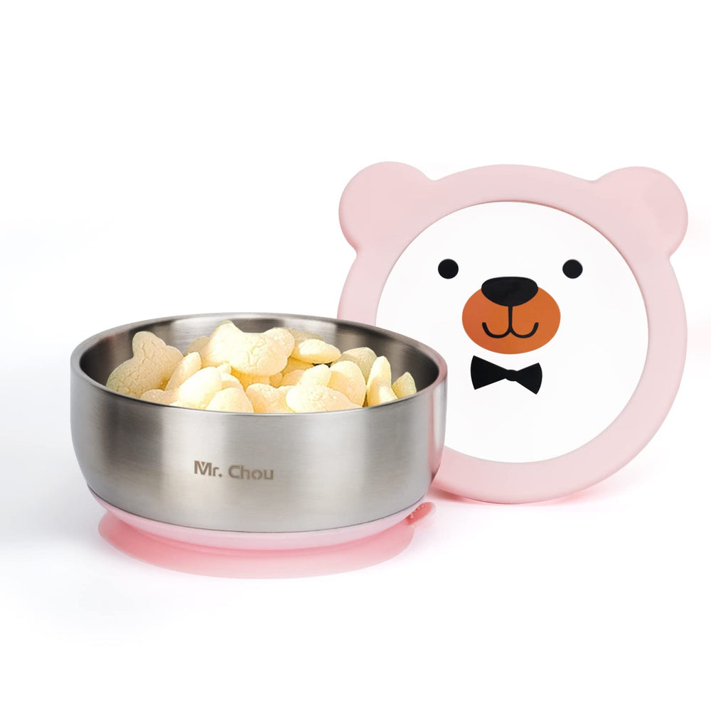 MR. CHOU stainless steel pink baby bowl with silicone suction base for mess-free meals.
