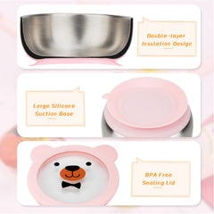 MR. CHOU pink baby bowl on high chair tray showing strong suction in action.