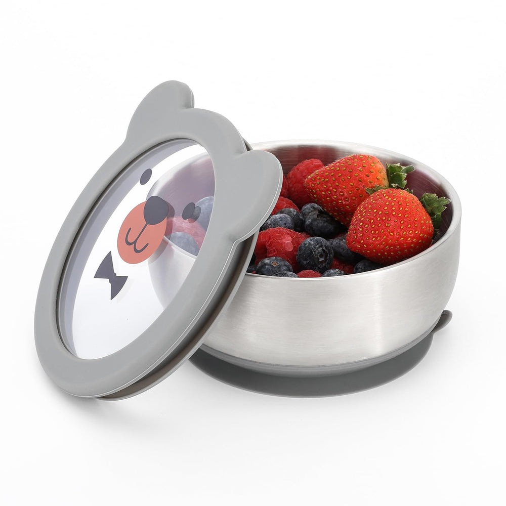 MR. CHOU baby bowl on a tray showing strong suction for mess-free meals.