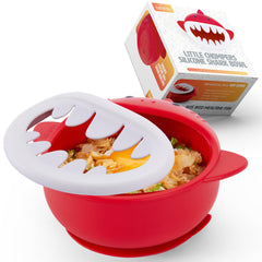 MRPR Chompers shark bowl on a highchair promoting mess-free meals.