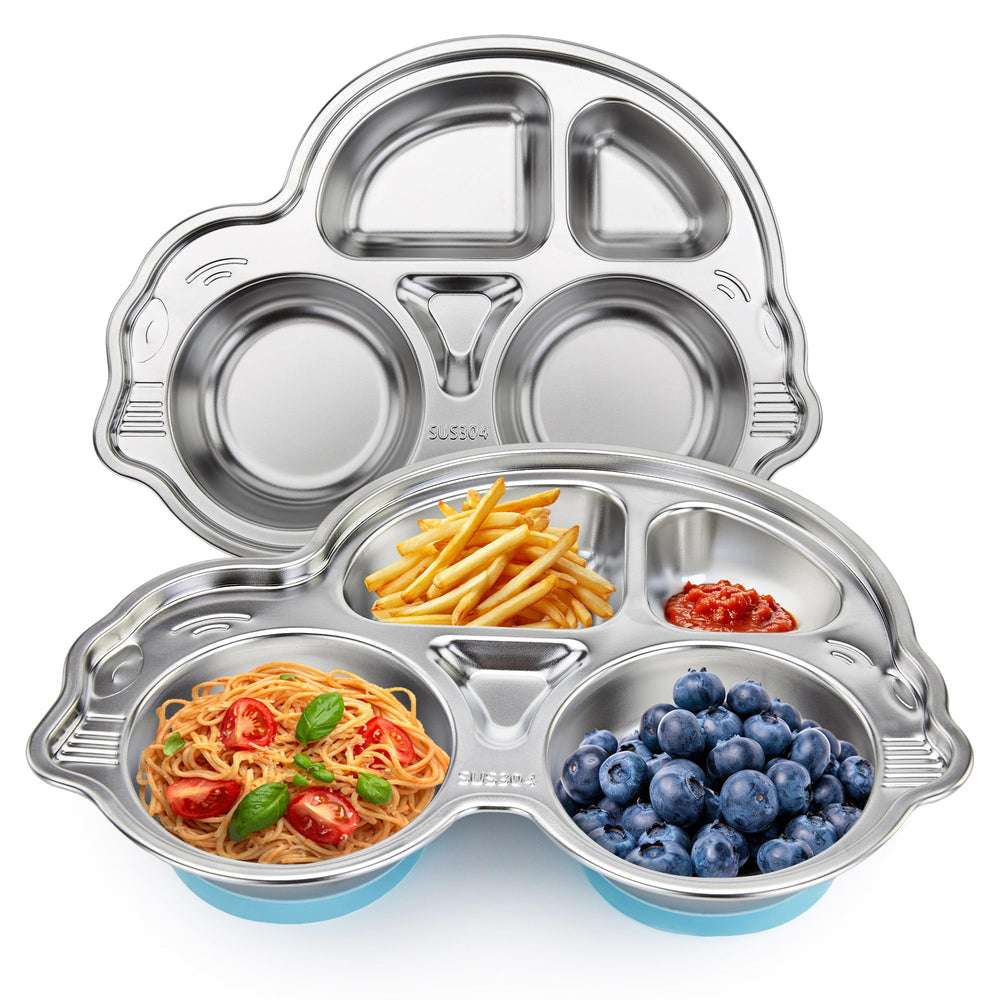 Mrs. Chou stainless-steel baby suction plate blue with non-slip base for mess-free meals