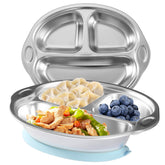 Mrs. Chou suction-base stainless steel plate showing secure grip for spill-free mealtime.