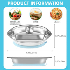 Mrs. Chou sturdy-stainless-steel plate emphasizes durability for daily toddler meals.