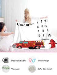 MTMETY Firemen blanket flat lay shows growth chart for documenting 1–12 months.