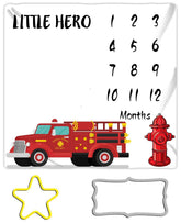 MTMETY Firemen baby monthly blanket front view provides a vibrant milestone backdrop for newborn photos.
