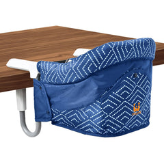 MTWML portable high chair Stripe Blue folded in carry bag for travel.