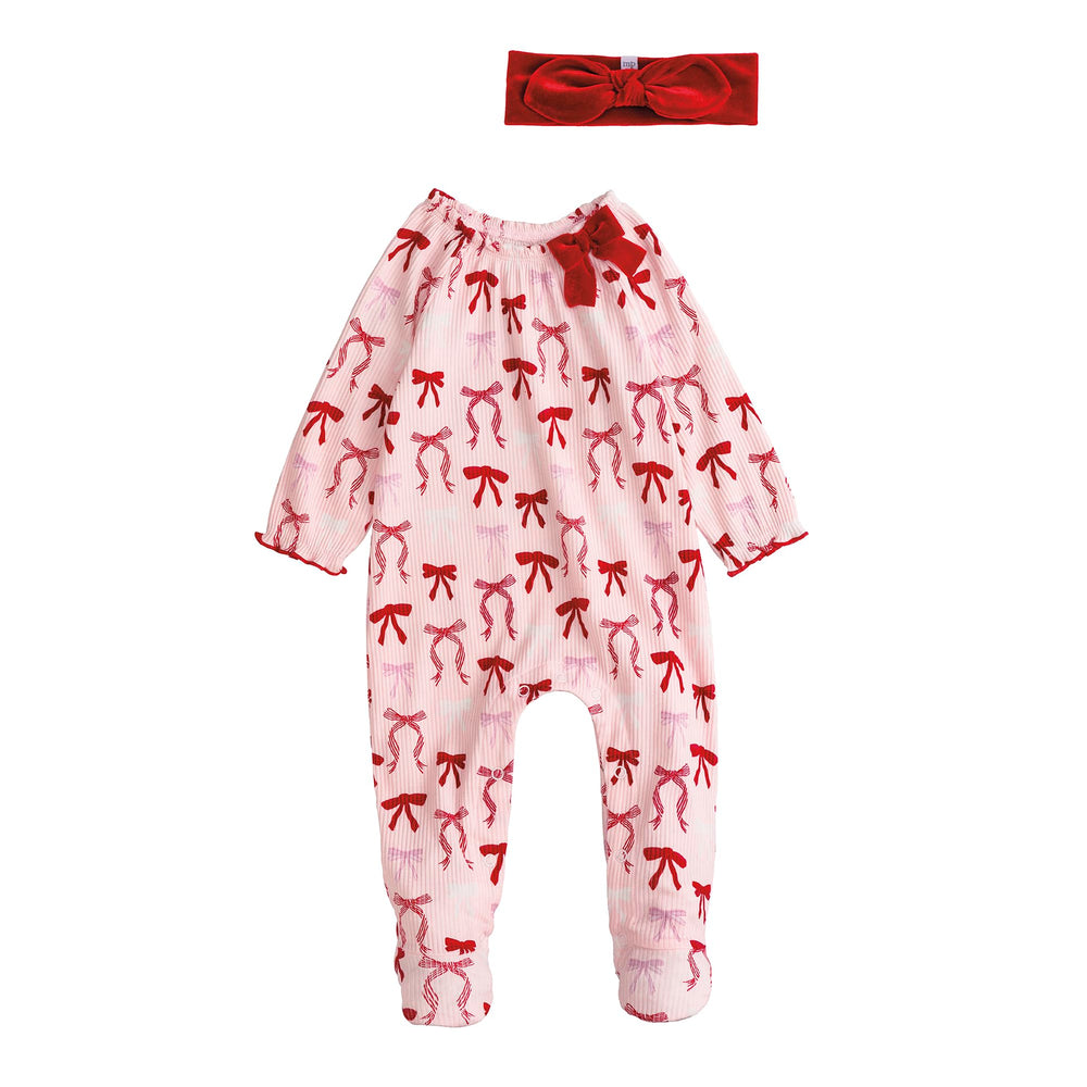 Mud Pie Baby Girls Christmas Bow Sleeper Pink with matching velour headband, cozy holiday sleep outfit