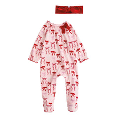 Mud Pie Baby Girls Christmas Bow Sleeper Pink with matching velour headband, cozy holiday sleep outfit