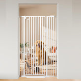 Mudanku 59 extra tall cat gate in closed position provides secure doorway control for curious cats.