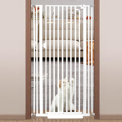 Mudanku 71-inch extra tall cat gate closed across doorway for pet containment.