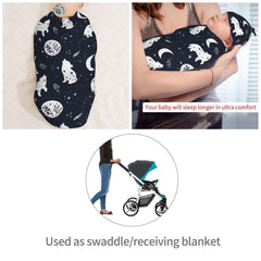 Muishi Boho Wolf swaddle oval wrap demonstrates safe, womb-like snugness for sleep.
