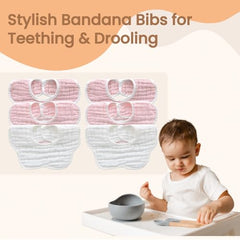 MUKIN bib emphasizes absorbent cotton muslin to help keep clothes dry