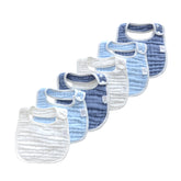 MUKIN gradient blue bibs closeup shows soft absorbent cotton for drool and spills.