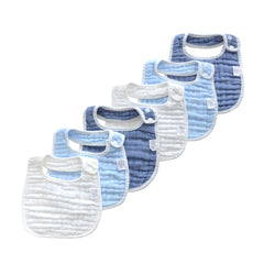 MUKIN gradient blue bibs closeup shows soft absorbent cotton for drool and spills.